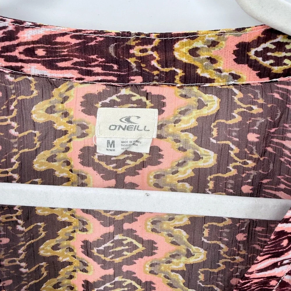 ONeill Womens Pink Purple Ikat Tribal Print Sheer‎ Tie Front Swim Cover Up M